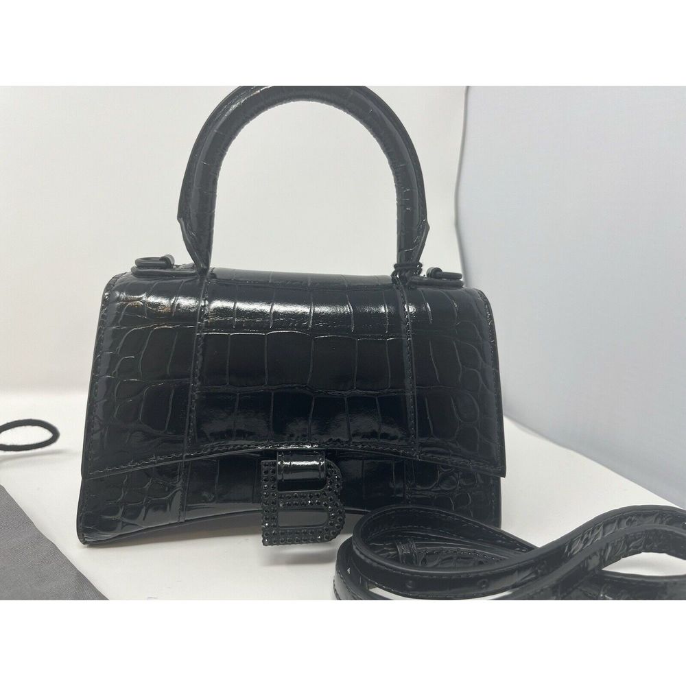 BALENCIAGA Hourglass Extra Small Top Handle Handbag Crocodile Embossed XS Black - Picture 11 of 15